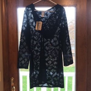 NWT Dotti black hooded diamond sheer swim cover M